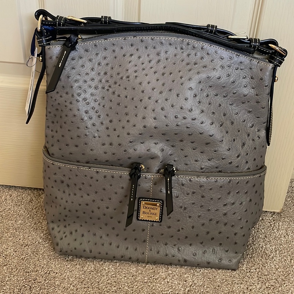 NWT Dooney and Bourke Leather Multi-pocket bag, ostrich embossed, light gray